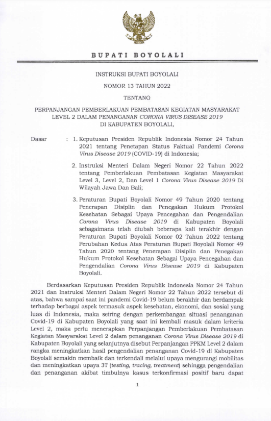 INSTRUKSI BUPATI NO 13 TAHUN 2022 PERPANJANGAN PPKM LEVEL 2 TGL 19 APRIL - 9 MEI 2022